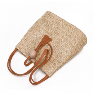 WENZHE New Style Women Wood ball Tassel Crossbody Bag Bucket Straw Shoulder Bag