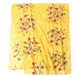 WENZHE 170*75cm Women Lightweight Pure color Embroidered Flower Scarf Chiffon Shawl