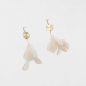 Statement Feather Earring Beige Ivory Gold Circle Bar Stud  Long White Dangle Feather Earring