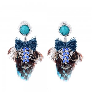 Handmade bow shape feathers charm earring rhinstone earring stainless steel ear clips rhinstone earring