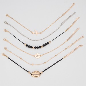 New Fashion Gold Plated Shell Airplane Bead Chain Map Bracelet Set Couple Bracelets 6pcs/Set