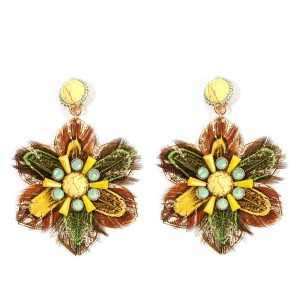 Creative Yellow Turquoise Openwork Flower Charm Earring without hole Woman Ostrich Feather Gold Earring Clip