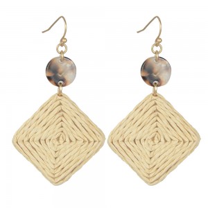 WENZHE Women Handmade Geometric Diamond Shaped Straw Weave Rattan Acrylic Drop Earring