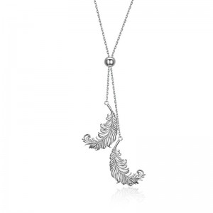 New Trendy Genuine 925 Sterling Silver Feathers Shape Long Chain Feather Necklace