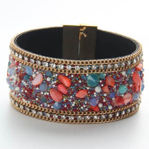 Latest natural crystal gravel stone multicolor leather bracelet for women