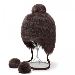 WENZHE Ladies Winter Rabit Fur Earflap Hats With Fur Pompom Balls For Women