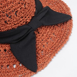 WENZHE Handmade Wide Brim Straw Hat With Big Black Bow
