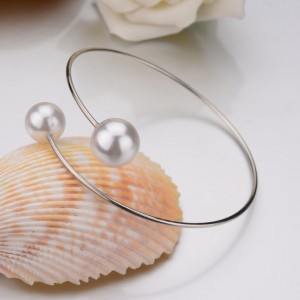 New Fashion Simple Double Pearl Round Beads Open Gold Cuff Bangle Bracelets