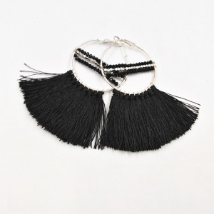 New Models Ladies Earring Black Silk Thread Tassel Beads Hoop Earrings