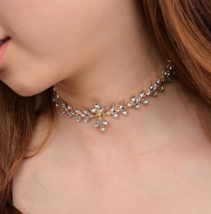 Art Deco Style Silver Plated Crystal Leaf Bridal Jewelry Choker Necklace