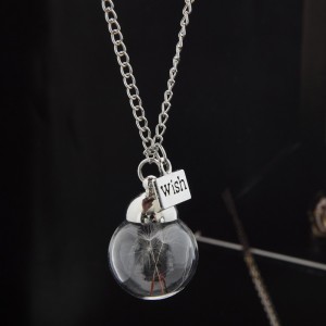 Hand made customized heart shaped natural dandelion Necklace dry flower pendant double-sided gem Glass Necklace