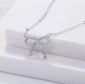 Factory Price Jewelry Silver CZ Pave Mini Ribbon Bow Necklace Valentine Gift