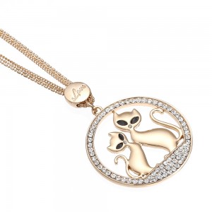 New Fashion Animal Lovers Necklace Hollow Crystal Rhinestone Circle Cartoon Cat Necklaces