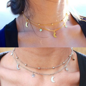 Simple double-decker moon stars short necklace chain bead clavicle chain collar