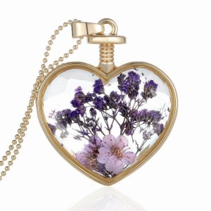 Valentine’s Day Gift Jewelry Heart-shaped pendant love crystal plants dried flowers necklace