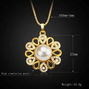 Fashion Women’s Copper Plated 18K Gold Pearl Flower Shape Dubai Necklace Earrings Two Piece Jewelry Set