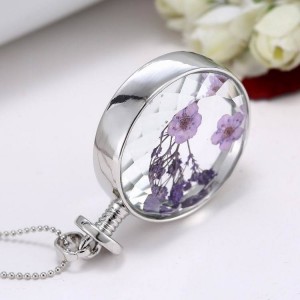 Hot Fashion Crystal Round Glass Silver Chain Lavender Dried flowers Pendant Necklaces Women