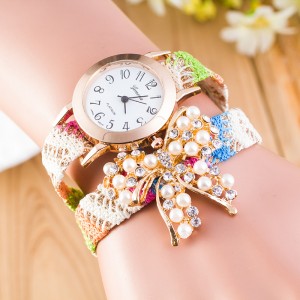 Ethnic style gradient color pearl bow woven love watch