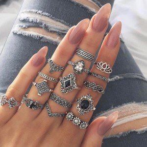 Bohemian retro ancient anemone female new personality ring ring set of 15