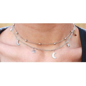 Simple double-decker moon stars short necklace chain bead clavicle chain collar