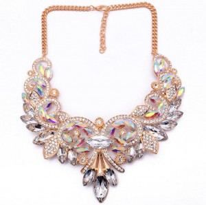 Exaggerated Clavicle Chain Accessories Women Hollow Crystal Flower Statement Choker Necklace