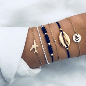 New Fashion Gold Plated Shell Airplane Bead Chain Map Bracelet Set Couple Bracelets 6pcs/Set