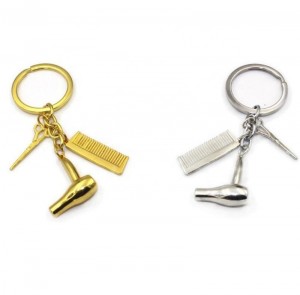 Promotional items unique custom hair dryer scissor comb dangle pendant metal keychain