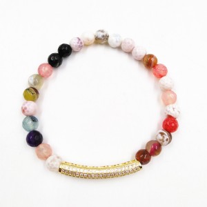 Handmade Gold Crystal Inset Beads Multicolor Natural Agate Stone Beads Bracelet