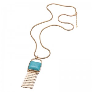 Fashion Ethnic Style Gold Plated Turquoise Tassel Pendant Long Chain Necklace