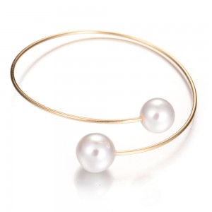 New Fashion Simple Double Pearl Round Beads Open Gold Cuff Bangle Bracelets