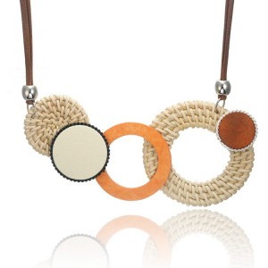 New Handmade Geometric Straw Weave Rattan Weave Wooden Statement Necklace For Women