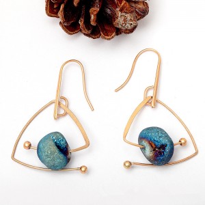 Latest Designs Blue Color Natural Stone Earrings Triangle Gold Plated Fashion Earrings