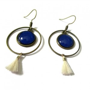 Simple Hoop Earrings Blue Everyday Hoops Circular Earring  White tassel