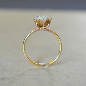Unique Opal Ring Lotus Flower Ring in Yellow Gold Uncut Opal Engagement Ring Raw Rough Fire Opal Jewelry for Women