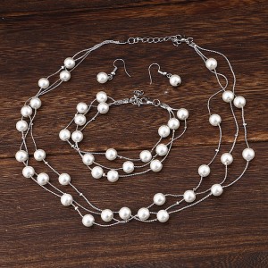 Elegant Pearl Multilayer Temperament Necklace Earrings Bracelet Set Three-Piece Set