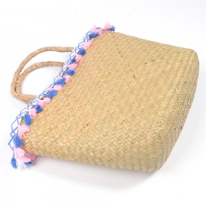 WENZHE Ladies Natural Straw Weaving Handbags Colorful Tassels Straw Beach Bag