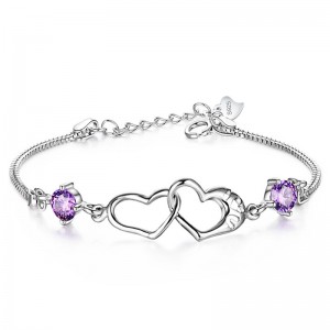 WENZHE Lady Wedding Gift 925 Sterling Silver Double Heart Crystal Tennis Chain Bracelet