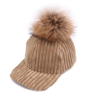 WENZHE Fur Ball Pompoms Warm Cap Women Corduroy Hat Winter Baseball Caps