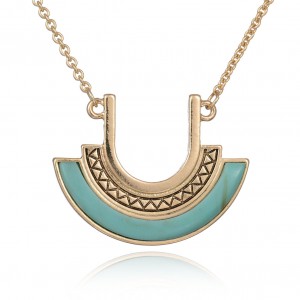 Fashion Vintage Women Gold Plated Geometric U Shape Turquoise Stone Pendant Necklace