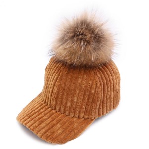 WENZHE Fur Ball Pompoms Warm Cap Women Corduroy Hat Winter Baseball Caps