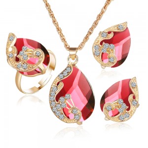 Plated gold Austrian crystal drop peacock three-piece kit pendant necklace earrings ring set women