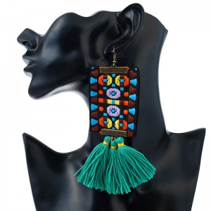 Vintage boho ethnic style embroidery thread green tassel earring for women