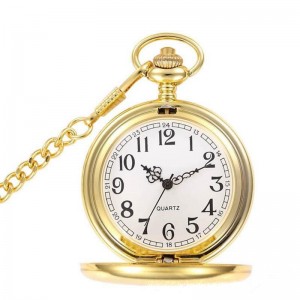 Best Quality Classic Smooth Vintage 14K Gold Quartz Pocket Watch, Roman Numerals Scale Mens Womens pocket watch with chain