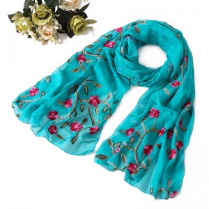 WENZHE 170*75cm Women Lightweight Pure color Embroidered Flower Scarf Chiffon Shawl