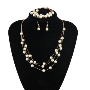 Elegant Pearl Multilayer Temperament Necklace Earrings Bracelet Set Three-Piece Set