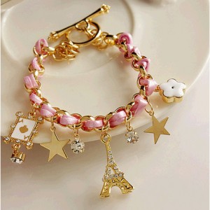 Fashion five-pointed star flower playing card A Paris Eiffel Tower crown leather rope woven bracelet anklet