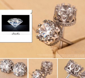 Custom Fashion Jewelry 925 Sterling Silver Crown Stud Diamond Earrings