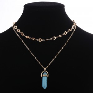 Latest Arrival Women Double Layered Gold Chain Turquoise Pendant Choker Necklace