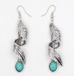 Alibaba hot sale earrings made in china turquoise alloy feather pendant earring