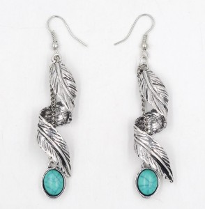 Alibaba hot sale earrings made in china turquoise alloy feather pendant earring